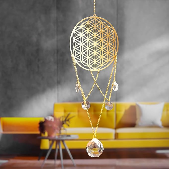 Flower of Life Crystal Suncatcher, Sacred Geometry Wall Decor, Home Office Garden Decorative Hanging Ornament