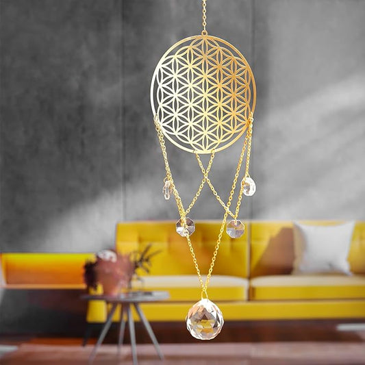 Flower of Life Crystal Suncatcher, Sacred Geometry Wall Decor, Home Office Garden Decorative Hanging Ornament