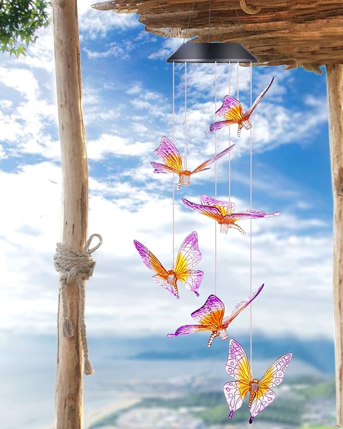 Butterfly Wind Chimes, Solar Wind Chimes/Wind Chimes for Outside Color Changing (Gifts for mom/Gift for Grandmom/Gift for Women) Thanksgiving Gift Butterfly Gift