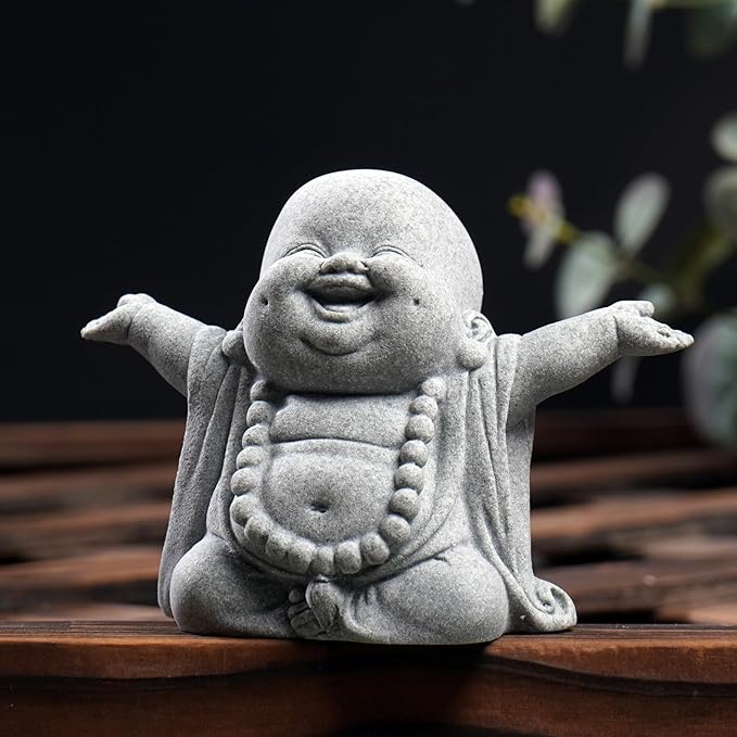 OwMell Japanese Jizo Monk Statue, Buddha Jizo Figurine Memorial Aquarium Statue Ornament - Laughing Buddha