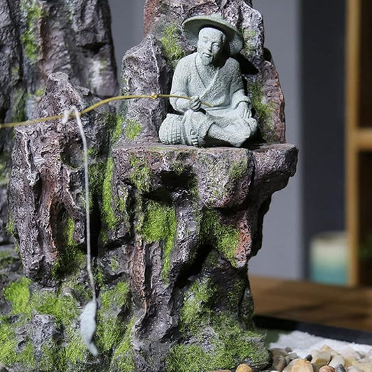 DOITOOL 2Pcs Mini Fisherman Figurines, Chinese Sitting Fishing Garden Statue, Sandstone Bonsai Fisherman Figurines for Micro Landscape Pot Aquarium Fairy Garden Decorations