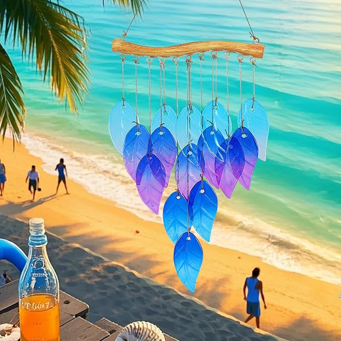 Glass Leaves Wind Chimes for Outdoor Memorial Decor - Unique Wind Chimes for Garden, Yard, Porch & Christmas, Durable Outside Christmas Decoration with Handcrafted Glass Design