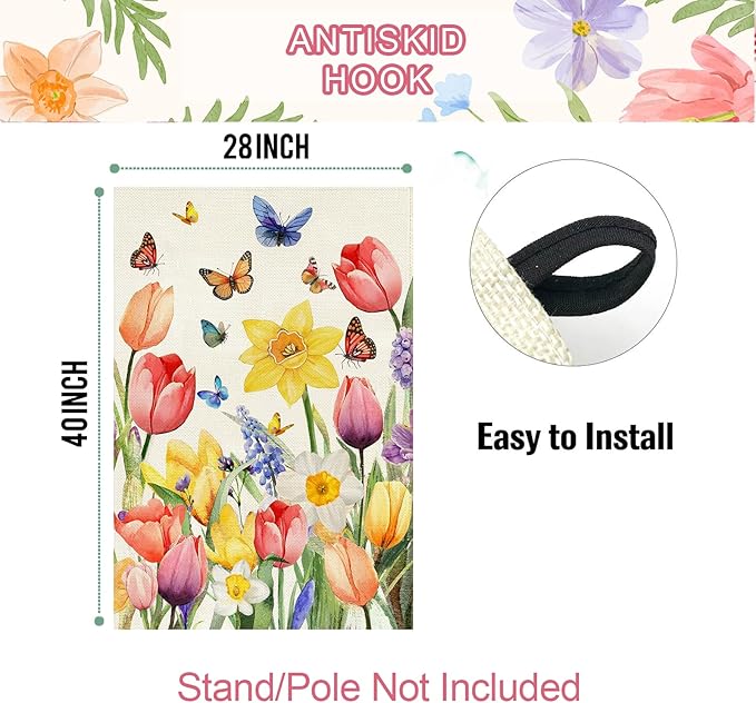 Baccessor Spring Easter Tulip House Flag Double Sided 28x40 Inch Burlap,Daffodil Floral Butterflies Large Garden Flag Porch Patio Front Entry Yard Seasonal Farmhouse Outside Outdoor Decor