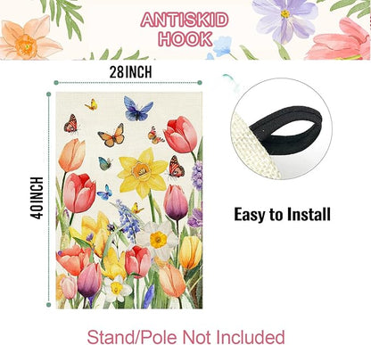 Baccessor Spring Easter Tulip House Flag Double Sided 28x40 Inch Burlap,Daffodil Floral Butterflies Large Garden Flag Porch Patio Front Entry Yard Seasonal Farmhouse Outside Outdoor Decor