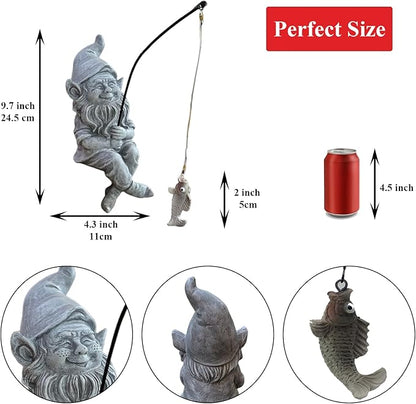 Garden Gnome Pond Statue Decoration, Fishing Gnome Garden Statue Outdoor Koi Pond or Waterfall Decor, 9.7" Stone Gnome Fishing Poolside Statue, Elf Pond Statue, Great Gifts & Housewarming for Mom