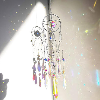 Crystal Sun Catcher Hanging Suncatchers Crystal Prisms Wind Chime Room Decor for Garden Home Windows Decoration (Silver Planet)