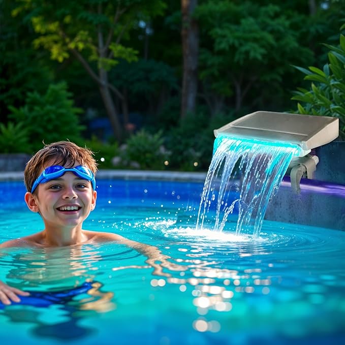 Hanaoyo LED Pool Fountain Waterfall for Above Ground Pools, 7 Different Lighting Colors, Smooth Flowing Pool Waterfall Relaxing Cascade for Outdoor Decor, Adjustable Width Fits Various Frames
