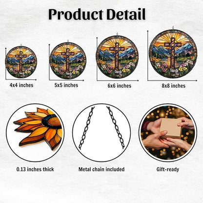Floral Cross Acrylic Suncatcher Stained Glass Effect Window Car Hanging Christmas Ornament Indoor Outdoor Decor Garden Memorial Sun Catcher for Family Christmas Jesus Gift for Women Mom Grandma