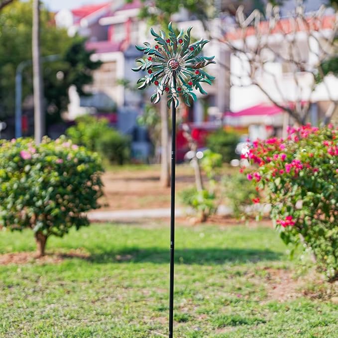 DREAMSOUL 13" Dia Wind Spinners Outdoor with Stake Kinetic Metal Wind Spinner with Red Crystal Accents, Teal Copper Windmill for Yard Garden Decor
