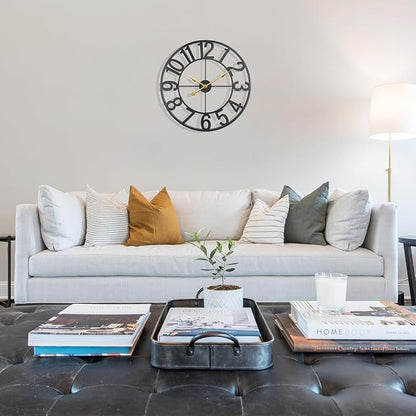 Large Clock, 24 Inch Wall Clock Battery Operated, Modern Black Metal Decorative Outdoor Clock for Patio, Pool Area, Kitchen, Garden, Deck, Farmhouse, Living Room