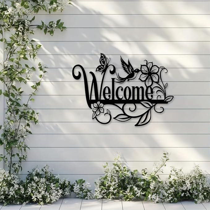 Welcome Sign Metal Wall Decor - Cursive Lettering with Floral Motifs, Vintage Outdoor Garden Art for Porch, Patio & Entryway - Durable Iron Construction - 15.75x11.34 Inch