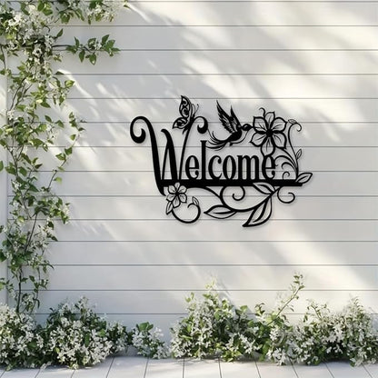 Welcome Sign Metal Wall Decor - Cursive Lettering with Floral Motifs, Vintage Outdoor Garden Art for Porch, Patio & Entryway - Durable Iron Construction - 15.75x11.34 Inch