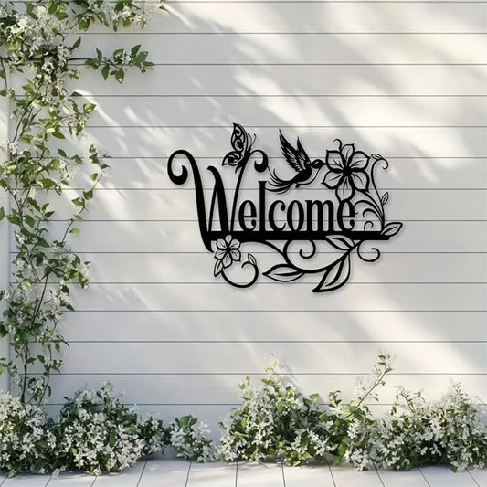 Welcome Sign Metal Wall Decor - Cursive Lettering with Floral Motifs, Vintage Outdoor Garden Art for Porch, Patio & Entryway - Durable Iron Construction - 15.75x11.34 Inch