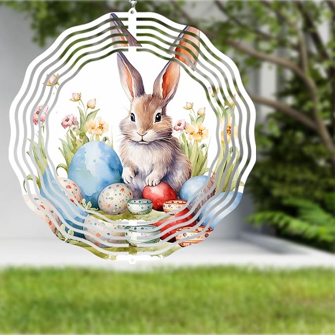 Easter Bunny Wind Spinner 8 Inch Aluminum Kinetic Hanging Wind Sculpture Spinners for Yard and Garden Indoor Outdoor Window Easter Rabbit Yard Art Garden Decoration