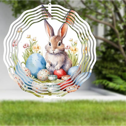 Easter Bunny Wind Spinner 8 Inch Aluminum Kinetic Hanging Wind Sculpture Spinners for Yard and Garden Indoor Outdoor Window Easter Rabbit Yard Art Garden Decoration