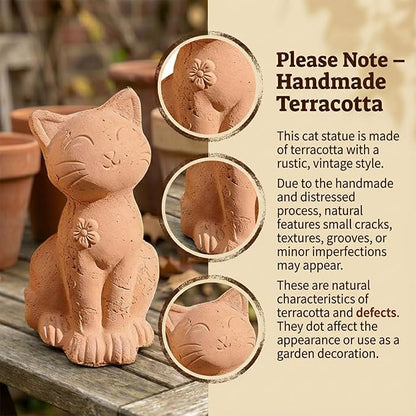 Handmade Terracotta Cat Garden Statue, Rustic Clay Cat Figurine for Outdoor Patio Balcony Yard Decor, Small Cat Sculpture Lawn Ornament Natural Garden Accent 8.3"×4.3"×3.3"