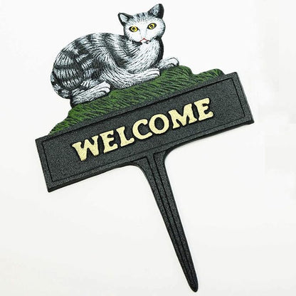 Sungmor Vintage Farmhouse Decorative Garden Stake Welcome Sign, 12" Tall Heavy Duty Sturdy Cast Iron Lovely Cat Statue, Indoor Outdoor Garden Pots Lawn Patio Courtyard Landscaping Decor Funny Stakes