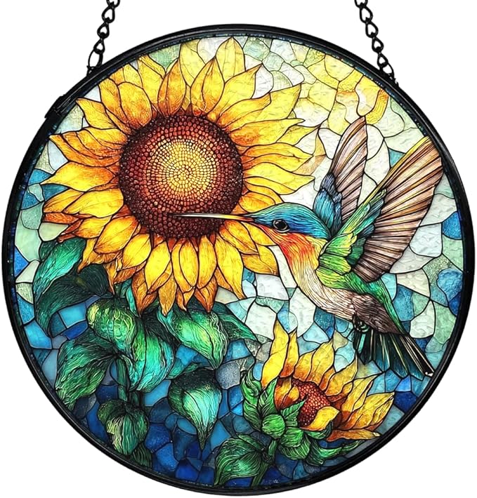 Hummingbird Sunflower Suncatchers Stained Glass Window Hanging, Hummingbird Flower Sun Catchers Indoor Window Glass Round Wall Decor, Bird Sunflower Wall Hanging Decorations, 7.9x7.9in