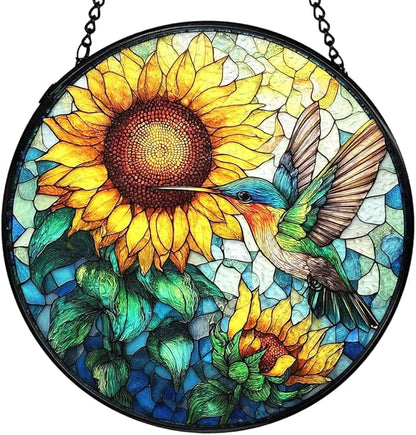 Hummingbird Sunflower Suncatchers Stained Glass Window Hanging, Hummingbird Flower Sun Catchers Indoor Window Glass Round Wall Decor, Bird Sunflower Wall Hanging Decorations, 7.9x7.9in