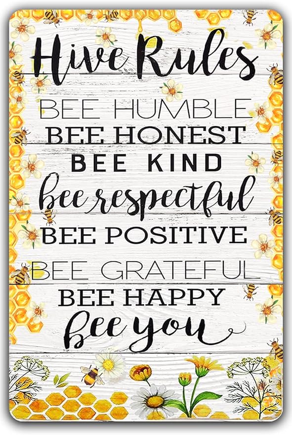 Vintage Bumble Bee Farm Hive Sign - Tin Metal Signs, 8x12 Inch, Kitchen Wall Decor