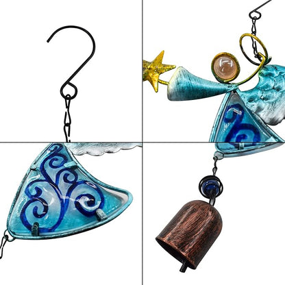 MrMrKura Metal Angel Wind Chime Hanging Decoration Ornament With Wing and Bell - Decorative Hanging Bells, Gifts for Home Garden Decor Crafts (Blue)