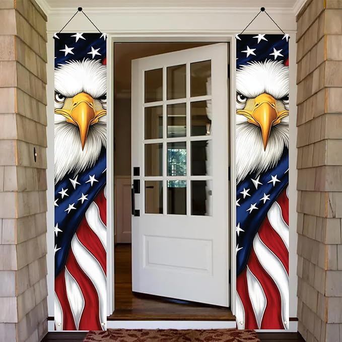 Patriotic Eagle Porch Banners 71x12 Inch American Flag Independence Day Outdoor Decorations Bald Eagle Hanging Porch Signs 4th of July Memorial Day Veterans Day Home Decor