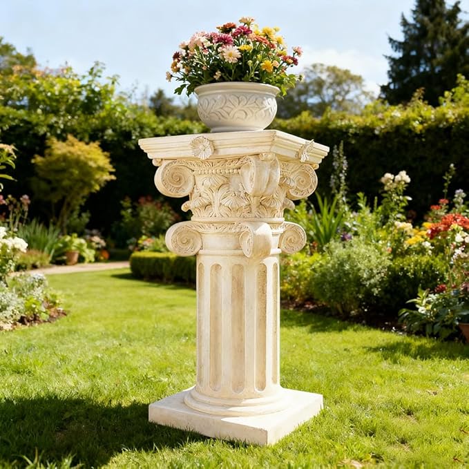 Decorative Roman Column Pedestal, English Rosette Indoor Outdoor Sculptural Garden Plinth Base Statue Riser, Weatherproof Sturdiness Plinth Base Statue Riser for Statues, Flower Pots, Decor, Cast Stone Resin (1451)