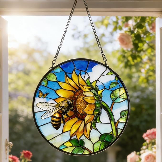 Stained Glass Window Hanging - Sunflower Flower and Bees on a Branch Suncatcher for Window Doors Home Decoration and Christmas, 7.8 * 7.8 inch