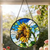 Stained Glass Window Hanging - Sunflower Flower and Bees on a Branch Suncatcher for Window Doors Home Decoration and Christmas, 7.8 * 7.8 inch