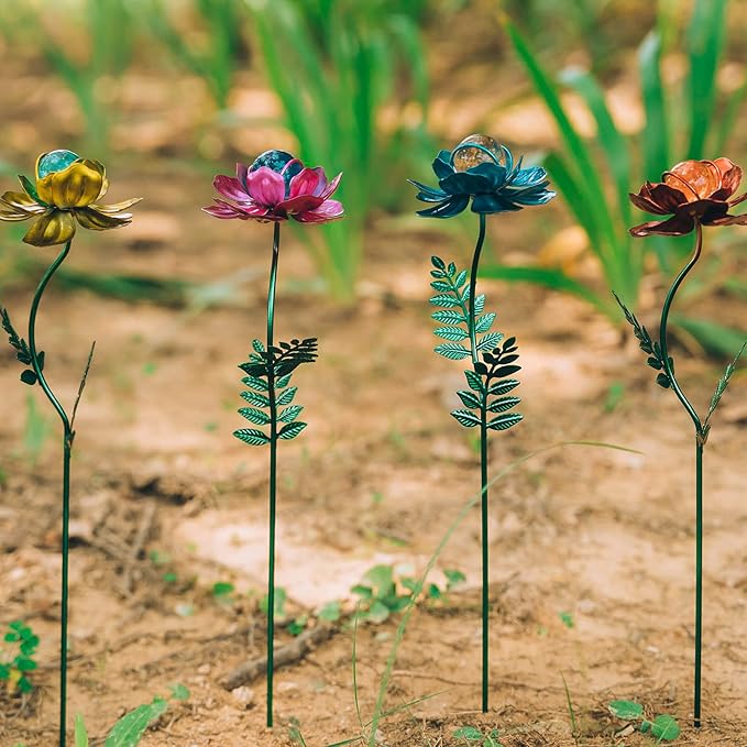 Viveta 4 Pack Flower Garden Stakes Decor, 12.9 inch Metal Flowers Outdoor Decor Waterproof Metal Flower Sticks for Patio, Lawn, Yard Decorations