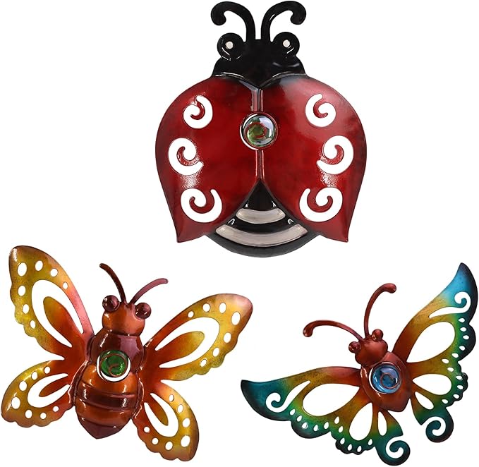 Garden Decor Butterfly Ladybug Bee Metal Wall Art Decor, Wall Decoration Hanging for Home Garden Porch Patio Balcony Ornament for Outdoor Gift, 3 Pack 9 Inch