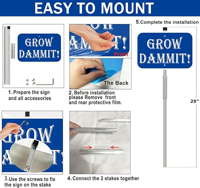 Grow Dammit Garden Sign, 12 x 8 Inches, Blue Aluminum Sign with 28-Inch Stake, Funny Outdoor Garden Decor 1Pack