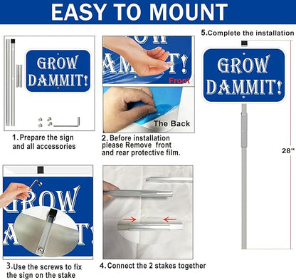 Grow Dammit Garden Sign, 12 x 8 Inches, Blue Aluminum Sign with 28-Inch Stake, Funny Outdoor Garden Decor 1Pack