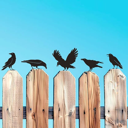 Raven Crow Fence Topper Decor, Metal Garden Birds Black Silhouette Statue, Halloween Witchy Gothic Ornament for Yard Fence, Fake Crow Home Garden Decoration (Rustic)