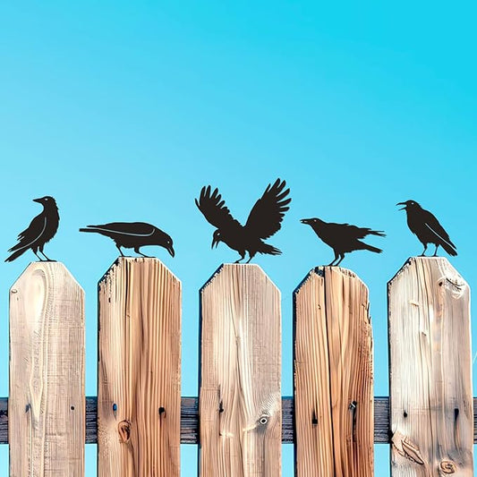 Raven Crow Fence Topper Decor, Metal Garden Birds Black Silhouette Statue, Halloween Witchy Gothic Ornament for Yard Fence, Fake Crow Home Garden Decoration (Rustic)