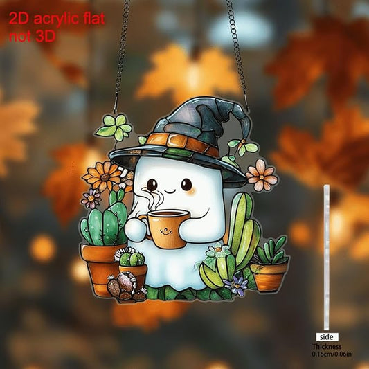 Halloween Cute Ghost Suncatcher,Fun Decoration Plant Light Sun Catcher，Acrylic Window Hanging Indoor Outdoor for Family Art Wall Decor，Women Friends Neighbor Halloween Party Gift 7.8inch
