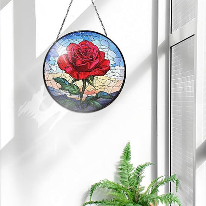 Bimkole Rose Stained Glass Suncatcher Window Hanging - Flowers Design for Indoor Window or Doorway Decoration - 7.87x7.87 inch with Chain and Hook - Unique Home Decor Gift