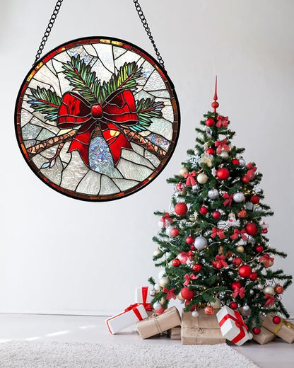 DASTOLL Stained Glass Window Hanging - Pine Branches Red Bow Suncatcher for Doors Home Christmas Decoration Silver Sun Catcher Thanksgiving New Year Birthday Gifts for Women Men Mom Nana 15 in