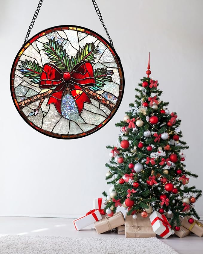DASTOLL Stained Glass Window Hanging - Pine Branches Red Bow Suncatcher for Doors Home Christmas Decoration Silver Sun Catcher Thanksgiving New Year Birthday Gifts for Women Men Mom Nana 6.3 in