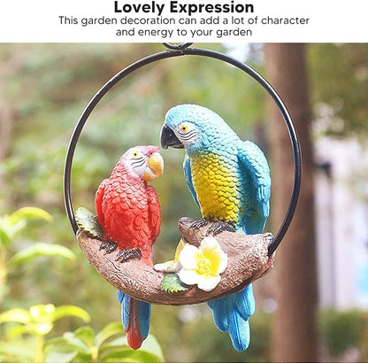 Handcrafted Hanging Parrot Sculpture - Durable Resin Swing Birds with Iron Ring for Garden & Home Décor, Weather-Resistant Red/Blue Parrot Statue for Tree, Patio, Balcony (Indoor/Outdoor Use)