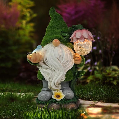 Garden Gnome Statue - Funny Gnome Decoration Hold Flower with Solar Crackle Glass Globe Lights, Resin Gnomes Figurine Ornament for Patio Yard Lawn Porch Outdoor Decor