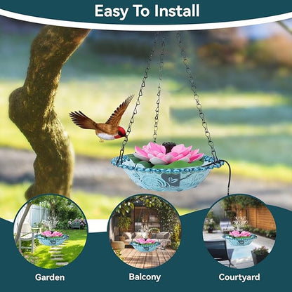 Hanging Bird Bath with Solar Fountain, Multi Functional Lotus Bird Bath Bubbler Birdbath Water Fountain Pump for Hummingbird Feeder Drinking