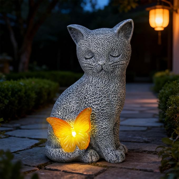 Solar Cat Statue Garden Decor with Butterfly Light, Outdoor Decor Statues Yard Art Decorations Lawn Porch Patio Balcony, Gardening Gifts Birthday Choice for Cat Lover Women, Mom, Grandma