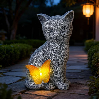 Solar Cat Statue Garden Decor with Butterfly Light, Outdoor Decor Statues Yard Art Decorations Lawn Porch Patio Balcony, Gardening Gifts Birthday Choice for Cat Lover Women, Mom, Grandma