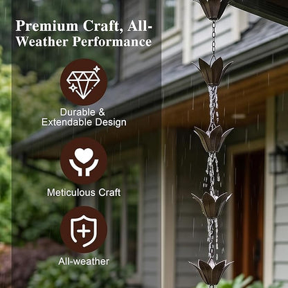 DUSVALLY Rain Chain,Metal Flower Rain Chain, Functional and Decorative Replacement for Gutter Downspouts, Adjustable, Antique Silver, 7.88 FT