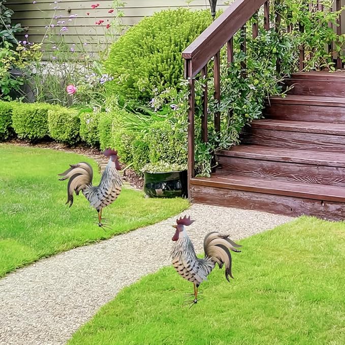 Rooster Garden Statue,12 in 2D Graphic Design Metal Rooster Decor Garden Statue with Stakes,Standing Small Metal Chicken Yard Decor Figurines,Patio Backyard Lawn Home Chicken Sculpture(Not 3D)