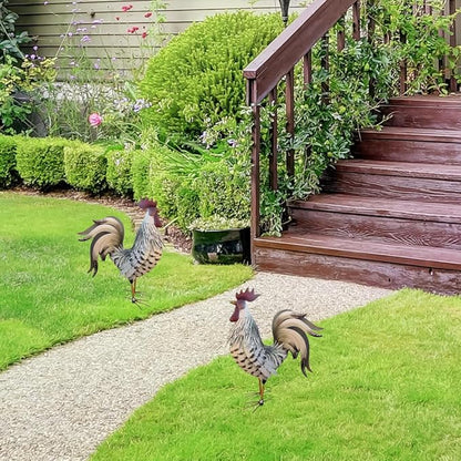 Rooster Garden Statue,12 in 2D Graphic Design Metal Rooster Decor Garden Statue with Stakes,Standing Small Metal Chicken Yard Decor Figurines,Patio Backyard Lawn Home Chicken Sculpture(Not 3D)