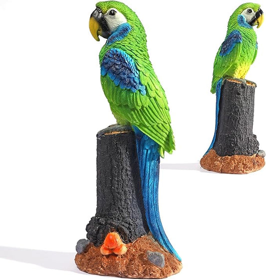 Macaw Parrot Garden Statue, 10.6" Hand-Painted Tropical Bird Figurine, Decorative Art Deco Accent for Patio and Home, Lifelike Design (Green)