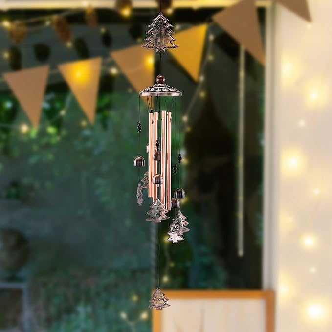 Yoption Christmas Wind Chime for Outside with Christmas Tree, Handmade Metal Memorial Windchimes with S Hook for Garden Decor
