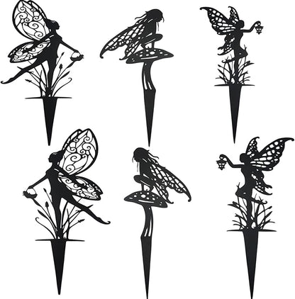 Decorative Garden Stakes， Fairy Garden Stakes, Butterfly Fairy Stakes for Weather Resistant Black Metal Outdoor Decorative Art for Women Gift (Matte Black, 6P-A)